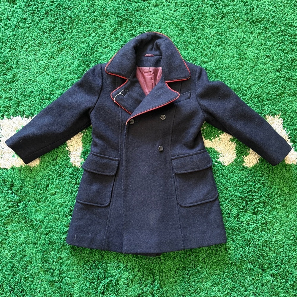 Kids Navy Blue Double Breasted Wool Blend Coat‎ Red Trim Size 15